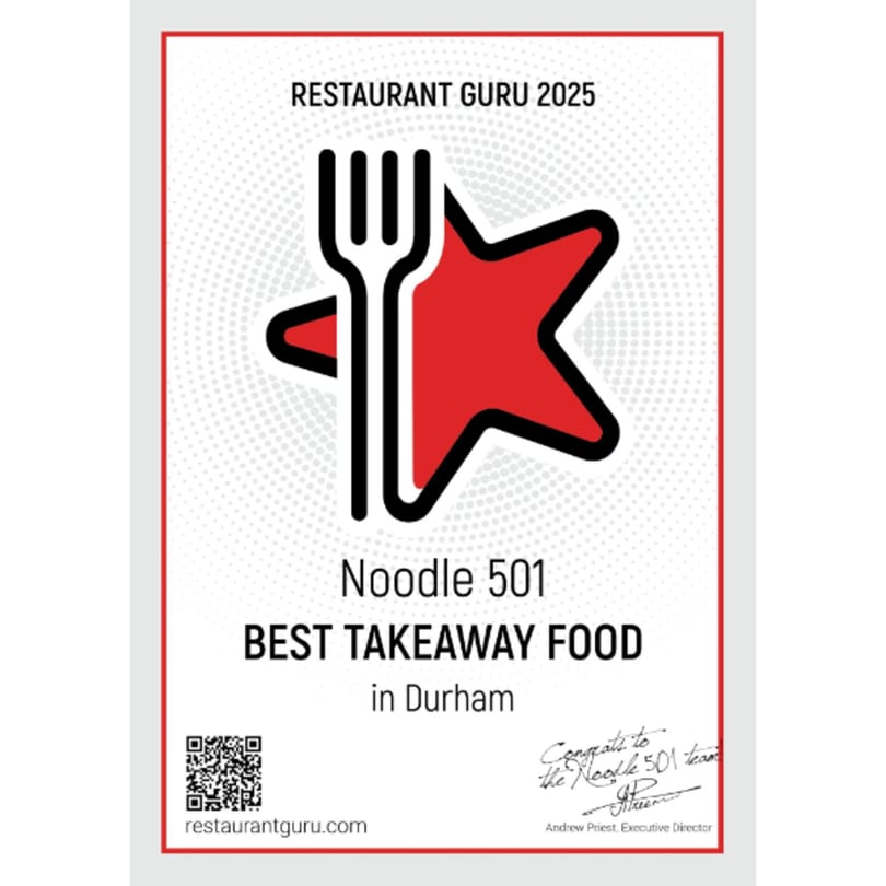 Restaurant Guru 2025 award for Noodle 501, Best Takeaway Food in Durham, with a fork and star logo.