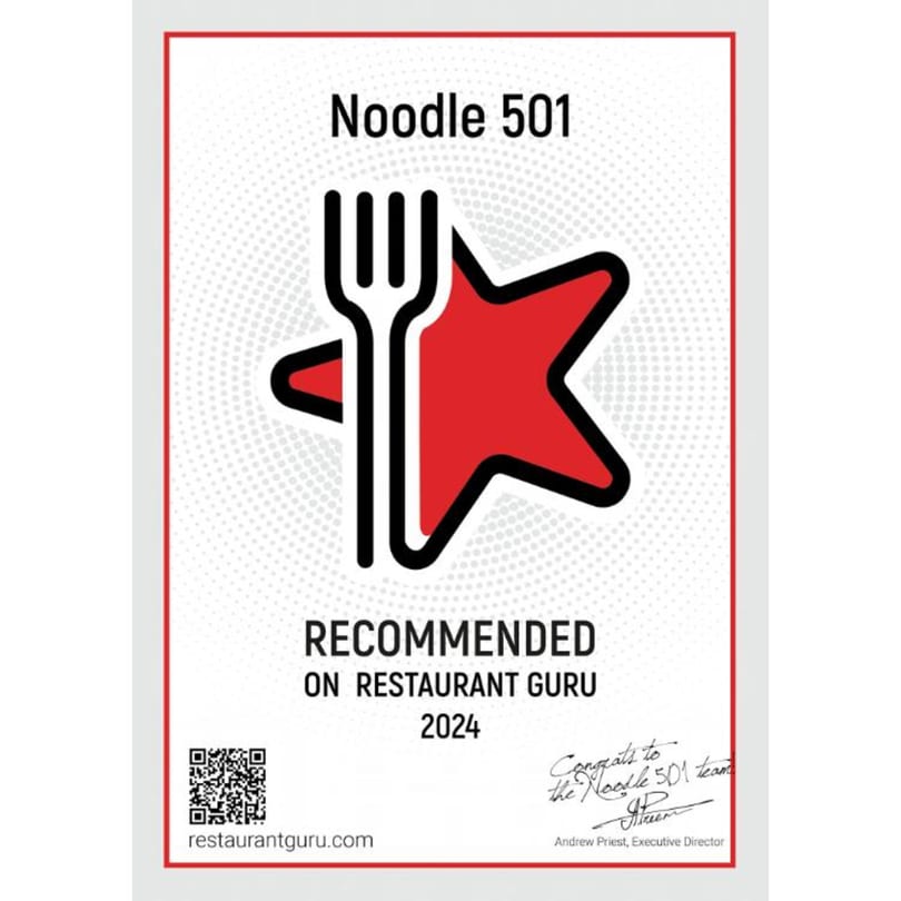 Noodle 501 Restaurant Guru 2024 recommendation certificate with a fork and star logo.