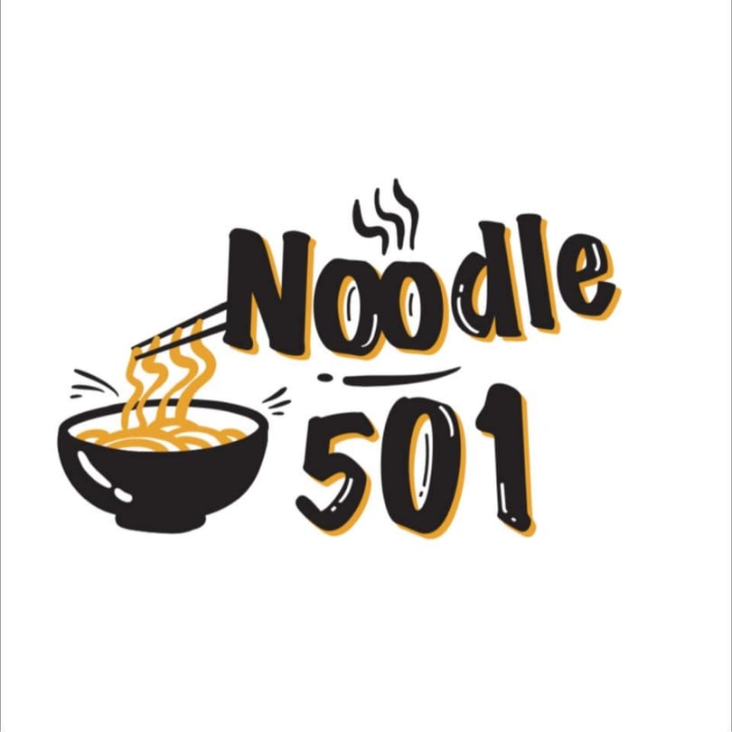 Noodle 501 logo with a bowl of noodles, chopsticks, and steam above the text.